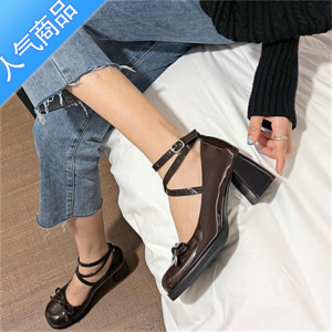 SUNTEK小众设计粗跟高跟鞋女2023年春夏季新款黑色休闲配裙子时尚小皮鞋