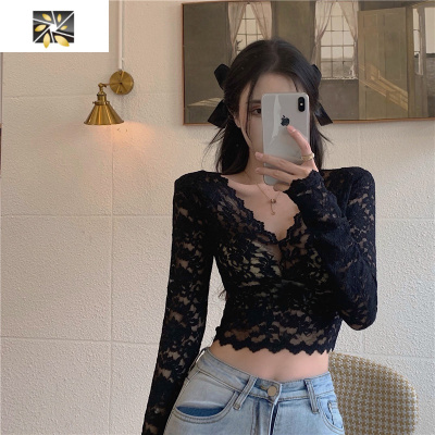 暖青汇性感v领黑色蕾丝打底衫女春秋洋气网纱内搭小衫长袖紧身短款上衣蕾丝衫