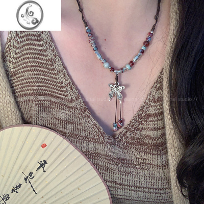 JiMi新中式蝴蝶项链~陶瓷串珠复古禅意长款流苏锁骨链2023年新款配饰