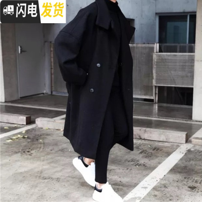 HLCOMAN毛呢大衣男冬季新款潮牌宽松加厚风衣韩版潮流中长款休闲纯色外套风衣