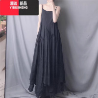 YIBUSHENG季新款森系文艺复古大码女装宽松显瘦棉麻吊带裙纯色扎染连衣裙