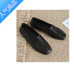 SUNTEK牛津软底真软皮单鞋女平底懒人鞋一脚蹬乐福鞋黑色工作鞋小皮鞋子
