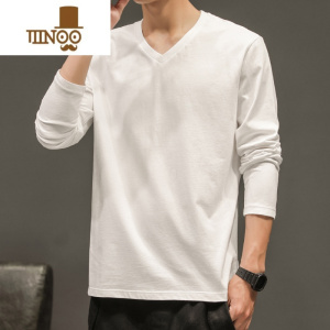 YANXU男士长袖t恤V领纯色上衣服体桖情侣装打底衫秋季男装潮流秋衣