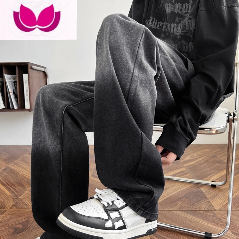 七斓黑色渐变牛仔裤男春季薄款美式高街潮牌直筒宽松阔腿炸街痞帅裤子