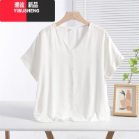 YIBUSHENG薄款休闲棉绸上衣女季宽松显瘦V领t恤人造棉短袖时尚百搭衬衫