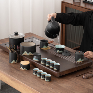 苏氏陶瓷(SUSHI CERAMICS)茶具套装自动烧水壶云海茶盘茶台配整套国潮风釉画彩千里江山茶杯
