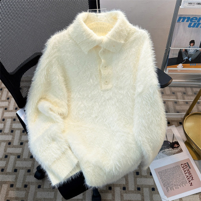 毛衣男仿貂毛Polo翻领毛绒情侣上衣宽松休闲百搭保暖慵懒风针织衫