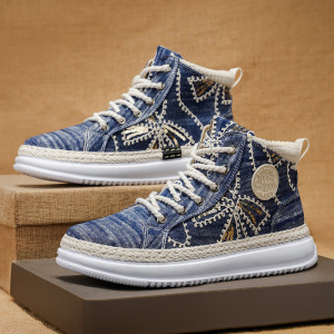 新款透气帆布滑板鞋高帮厚底增高运动风休闲鞋秋冬季男鞋青年潮鞋