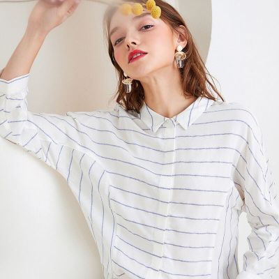 拉夏贝尔女装夏横条纹九分袖职业衬衫宽松法式简约优雅上衣