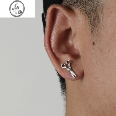JiMi925银银剪刀耳钉男朋克耳环耳圈复古网红ins原创设计素银耳饰ins