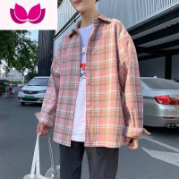 七斓港风夏季男士衬衫清新文艺格子长袖宽松衬衣男潮牌ins薄外套衬衣