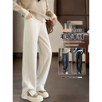 毛呢加绒裤子女新款秋冬季薄绒窄版直筒人字纹羊毛开叉阔腿裤