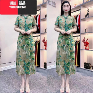 YIBUSHENG2024季新款中年女改良旗袍裙子妈妈装气质显瘦碎花连衣裙