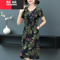YIBUSHENG妈妈连衣裙女短袖2024新款收腰气质遮肚裙子30.50岁显瘦中长裙