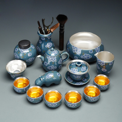 铭陶满堂 鎏银茶杯套装陶瓷功夫茶具办公室轻奢简约盖碗整套送礼 鎏银