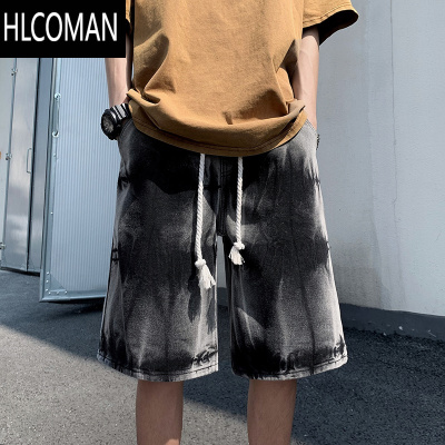 HLCOMAN扎染牛仔短裤男夏季美式潮牌宽松五分裤子高街复古松紧腰休闲中裤