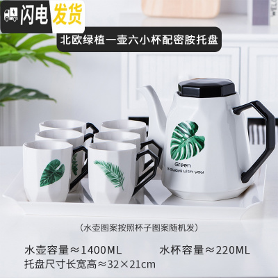 三维工匠简约陶瓷杯具套装家用水壶咖啡杯水具杯子茶具可高温欧式水杯套装 钻纹一壶六杯-小杯绿植白密胺盘