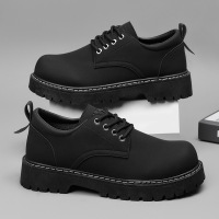 男士春夏季百搭日常舒适厚底低跟纯色时尚车圆头缝线男款休闲皮鞋