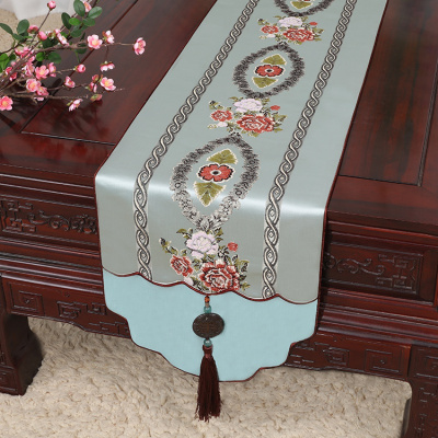美帮汇新中式古典玉桌旗茶几长条布艺中国风桌布床柜旗电视柜盖布吉祥蓝34*120适合桌长60-70CM