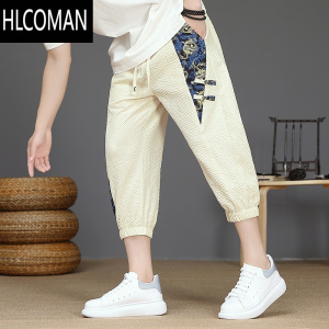 HLCOMAN2025新款七分裤男士夏季薄款冰丝中裤国风短裤休闲新中式六分裤子