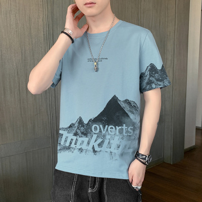 夏季新款男士纯棉短袖T恤韩版时尚潮流百搭圆领印花雪山打底衫男