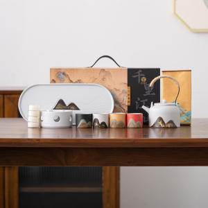 苏氏陶瓷(SUSHI CERAMICS)手绘釉画彩千里江山四色杯温茶套装干泡盘雅白文创伴手礼套组