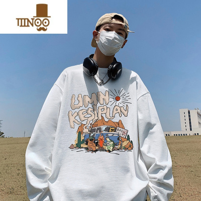 YANXU酒红色长袖t恤男款圆领卫衣美式复古内搭打底衫潮牌