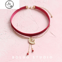 日系和风扇子choker小众酒红丝绒流苏颈链少女心原宿设计感锁骨链 JiMi项链