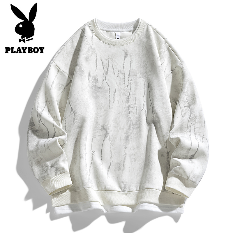 花花公子新款高品质加绒重磅圆领卫衣男2025秋冬新款假两件拼接扎染宽松休闲上衣