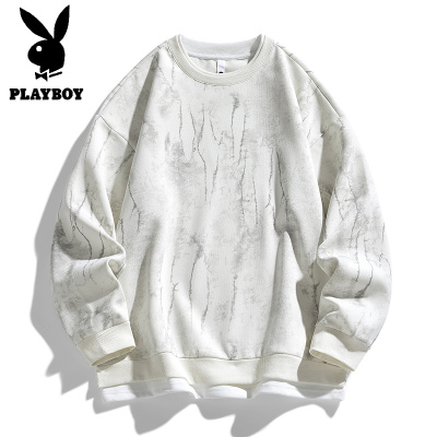花花公子新款高品质加绒重磅圆领卫衣男2025秋冬新款假两件拼接扎染宽松休闲上衣