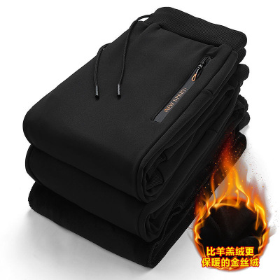 加绒裤子男韩版束脚休闲裤秋冬新款韩版大码加厚拉链男士运动裤