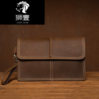 狮壹（Lionone）头层牛皮拉链手包男包多功能长款手机钱女手抓包浅棕色