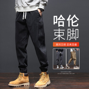男士休闲裤潮牌秋季新款哈伦长裤2023春秋新款黑色束脚工装裤子男