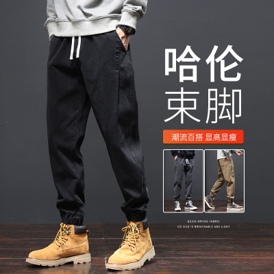 男士休闲裤潮牌秋季新款哈伦长裤2023春秋新款黑色束脚工装裤子男