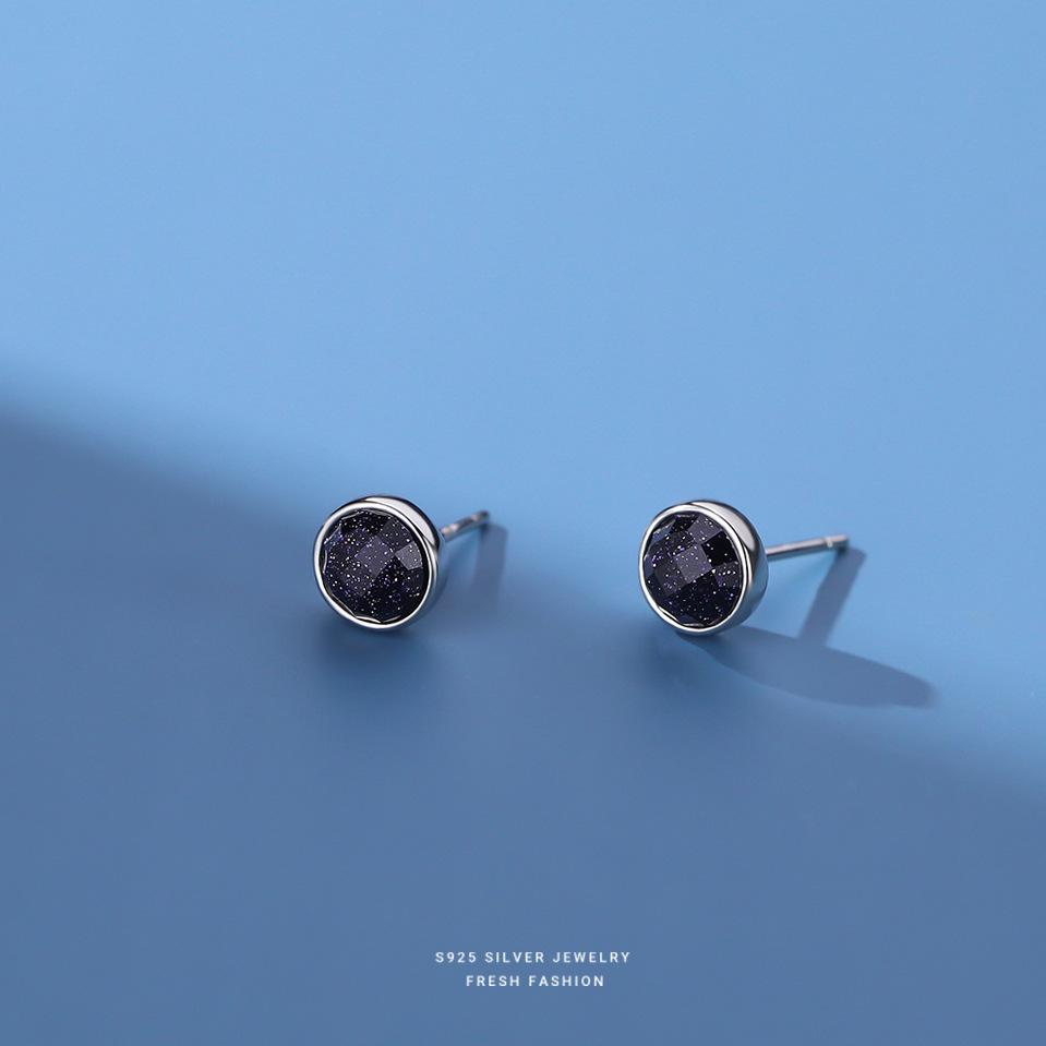 s999纯银男女款耳钉圆形紫金沙黑玛瑙韩版气质冷淡风耳饰一件代发送女朋友老婆情人节七夕生日礼物