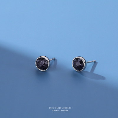 s999纯银男女款耳钉圆形紫金沙黑玛瑙韩版气质冷淡风耳饰一件代发送女朋友老婆情人节七夕生日礼物