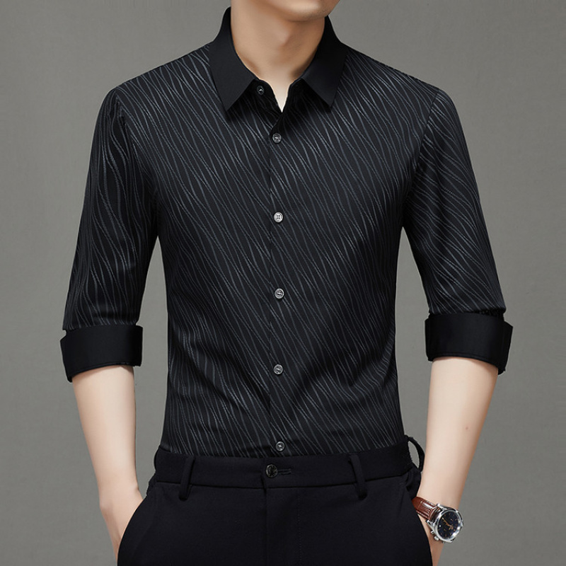 新款长袖衬衣男士春秋季休闲百搭中年抗皱宽松衬衫