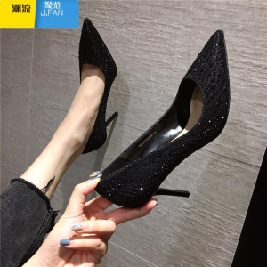 聚范2024年百搭新款单鞋性感尖头水钻水晶法式黑色高跟鞋女细跟