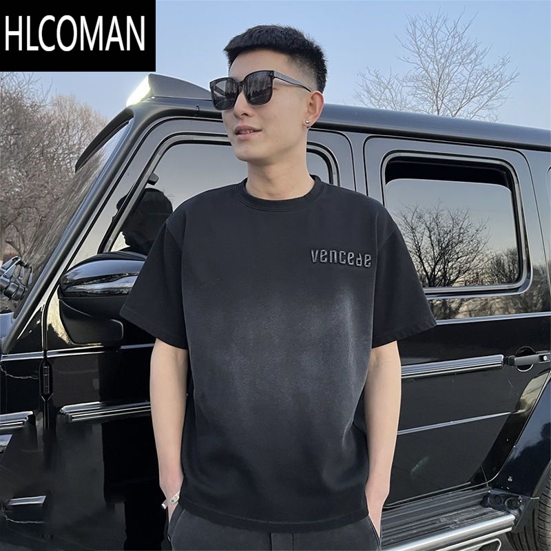 HLCOMAN半截袖潮流百搭情侣短袖t网红同款小衫夏季渐变做旧短袖t恤男
