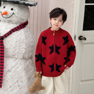 童酷儿童冬款湖州织里童装星星刺绣拉链针织开衫加厚男童毛衣