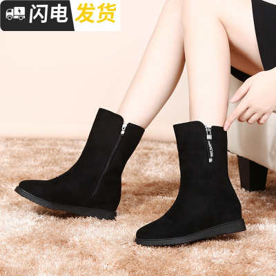 2018秋冬新款厚底雪地靴磨砂女靴子内增高中筒靴百搭中跟加厚保暖启如