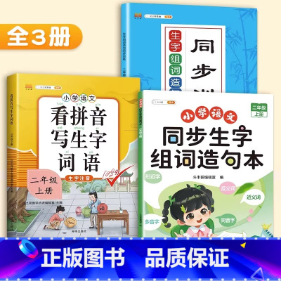 [3本]生字组词造句本+配套练习+看拼音 二年级上 [正版]二年级上册同步生字组词造句拓展训练阅读本小学生2学期语文书人