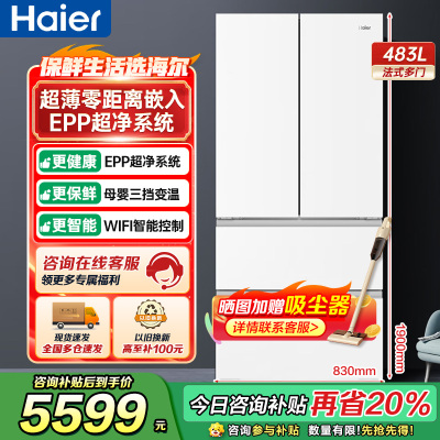 海尔(Haier)483升法式多门一级变频 超薄零嵌 EPP超净系统 和景冰箱BCD-483WGHFDB9W1U1