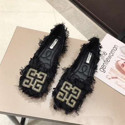 暖青汇黑色平底单鞋女2021新款百搭一脚蹬秋温柔软底瓢鞋方头水钻豆豆鞋