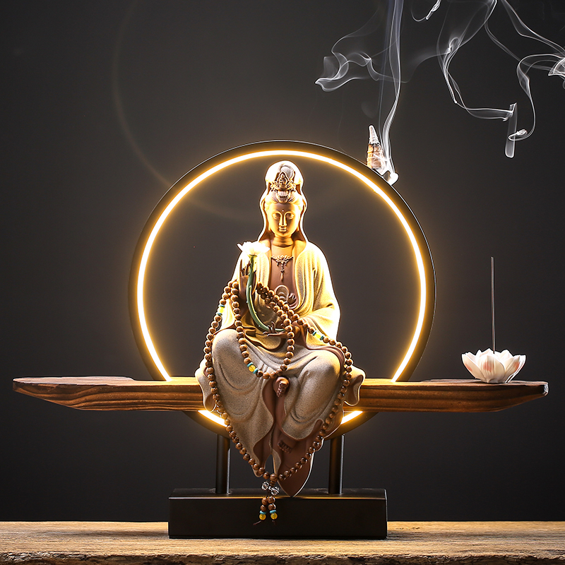 新中式禅意观音菩萨佛像摆件陶瓷灯圈客厅玄关软装开业乔迁装饰品 三维工匠 静瓶观音-窑变红(配灯圈底座)
