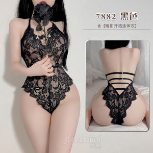 霏慕女式情趣睡衣性感服装情趣内衣制服蕾丝挂脖露背暗扣开档连体衣7882