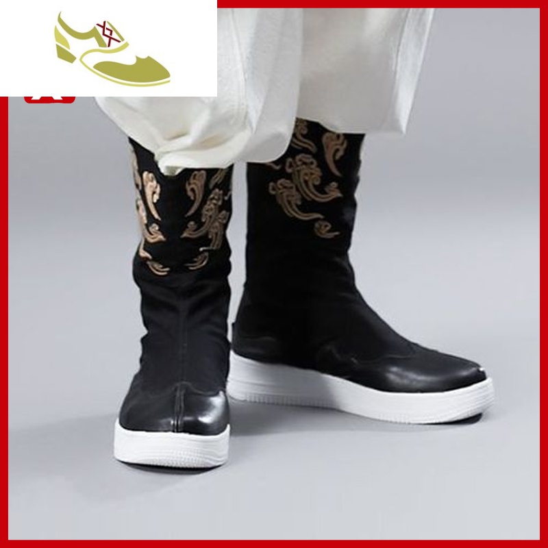 喻娄品牌中筒帆布鞋男中国风祥云刺绣复古官靴古代汉服靴子古装男鞋