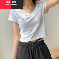 YIBUSHENG韩系小心机设计感高腰露脐短款上衣宽松体恤v领短袖t恤女季