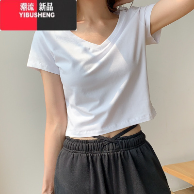YIBUSHENG韩系小心机设计感高腰露脐短款上衣宽松体恤v领短袖t恤女季