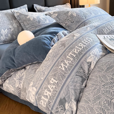 北欧风加厚花牛奶绒四件套秋冬季珊瑚绒加厚保暖法兰绒被套床单